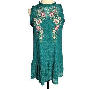 Xhilaration Teal Green Lace Embroidered Floral Boho Ruffle Trim Dress Large